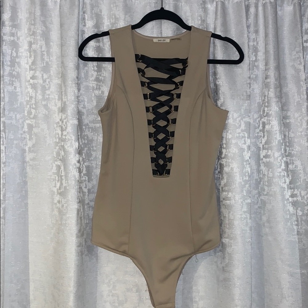 San Joy Beige Bodysuit with Black Lace-Up Front